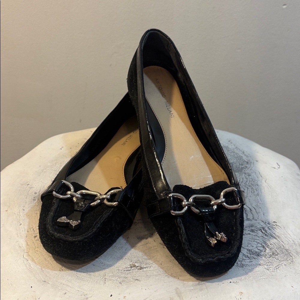 Antonio Melani Black Suede Loafer Style Ballet Flats with Silver Charm Horsebit